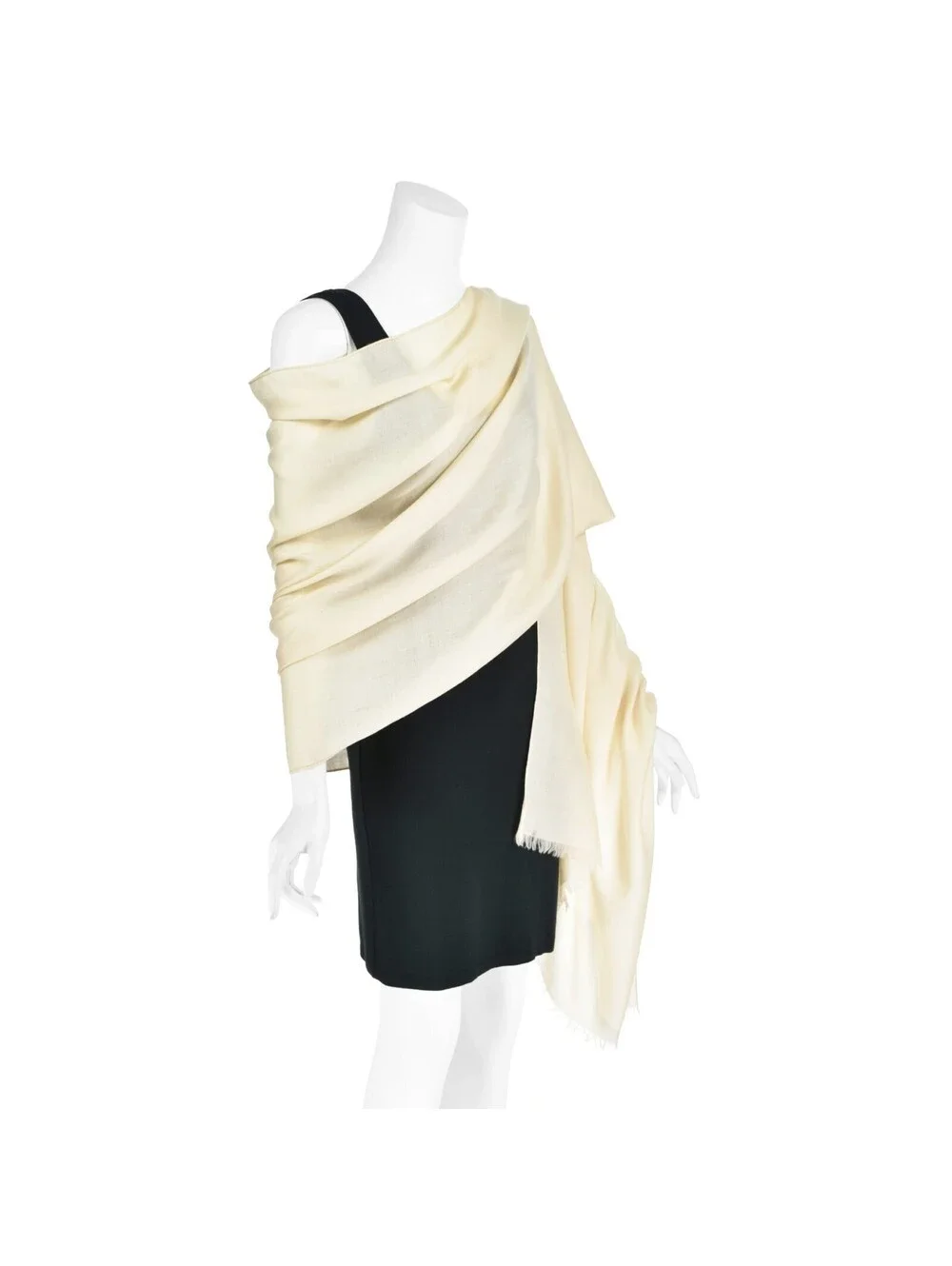 LORO PIANA Lightweight Ivory Cashmere Twill Shawl with Delicate Fringe, 32x82in